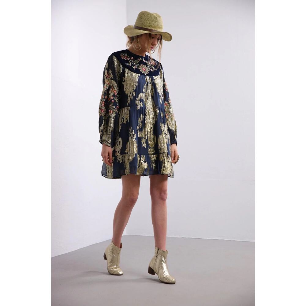 Zara Woman Fall 2021 Embroidered Metallic Gold Blue Navy Velvet Dress XS